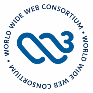 W3C logo. Blue cloud shaped initials on a white background with the words “ World Wide Web Consortium” printed twice and forming a circle around the outside.